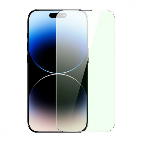 Baseus teljes képernyős edzett üveg iPhone 14 Pro Max kék fény elleni szűrővel és 0,3 mm-es hangszóró védelemmel + rögzítő keret fólia