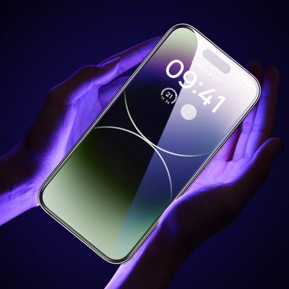 Baseus teljes képernyős edzett üveg iPhone 14 Pro Max kék fény elleni szűrővel és 0,3 mm-es hangszóró védelemmel + rögzítő keret fólia