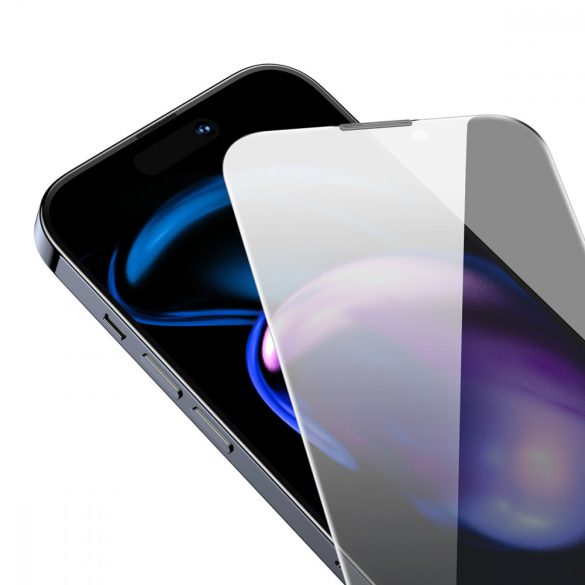 Baseus Privacy edzett üveg iPhone 14 Pro teljes képernyős 0,3 mm-es adatvédelmi szűrő kémkedés ellen + rögzítő keret fólia