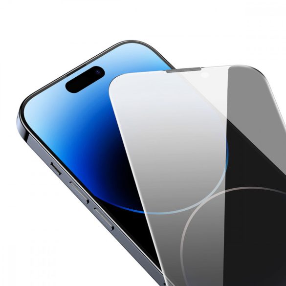 Baseus Privacy edzett üveg iPhone 14 Pro Max teljes képernyős 0,3 mm-es adatvédelmi szűrő Anti Spy + rögzítő keret fólia