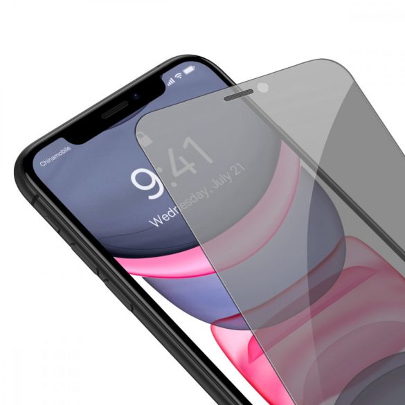 Baseus Privacy edzett üveg iPhone 11 / XR teljes képernyős 0,4 mm-es adatvédelmi szűrő Anti Spy + szerelési készlet fólia