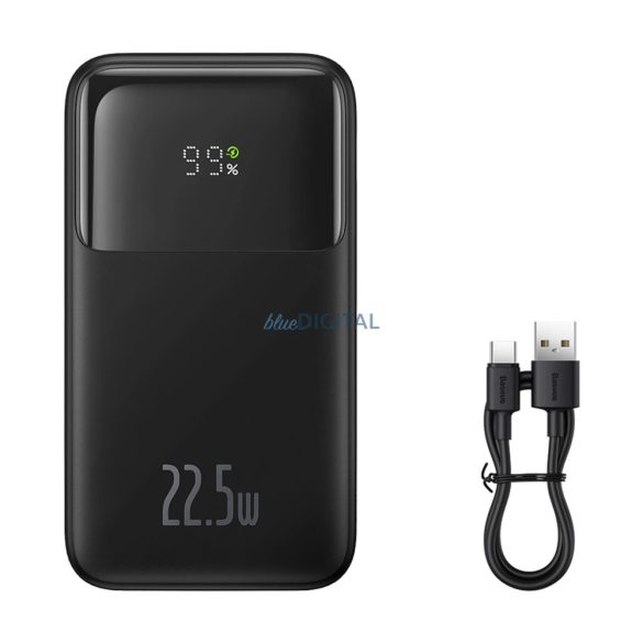 Baseus Comet Series powerbank kijelzővel 10000mAh 22.5W - fekete 1xUSB-A és 1xUSB-C bemenettel + beépített Type-C és Lightning kábellel + USB-A - Type-C kábellel (fekete, 30 cm)