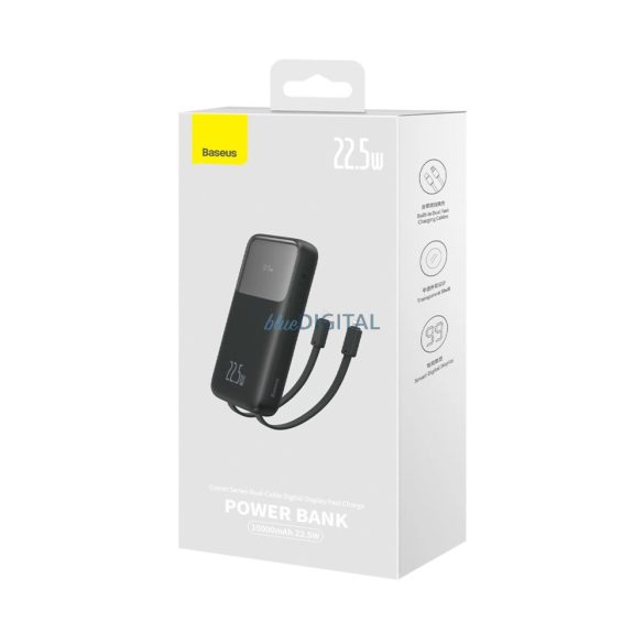 Baseus Comet Series powerbank kijelzővel 10000mAh 22.5W - fekete 1xUSB-A és 1xUSB-C bemenettel + beépített Type-C és Lightning kábellel + USB-A - Type-C kábellel (fekete, 30 cm)