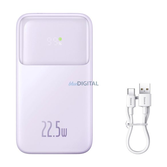 Baseus Comet Series powerbank kijelzővel 10000mAh 22.5W - lila 1xUSB-A és 1xUSB-C bemenettel + beépített Type-C és Lightning kábellel + USB-A - Type-C kábellel (fehér, 30 cm)