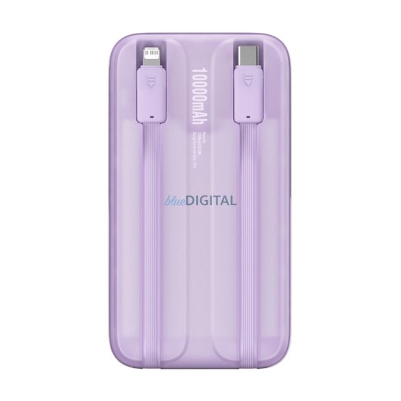 Baseus Comet Series powerbank kijelzővel 10000mAh 22.5W - lila 1xUSB-A és 1xUSB-C bemenettel + beépített Type-C és Lightning kábellel + USB-A - Type-C kábellel (fehér, 30 cm)