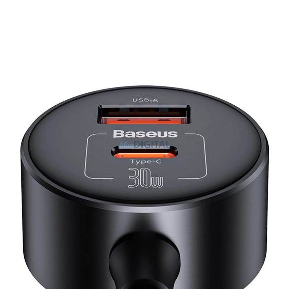 Baseus High Efficiency Pro szivargyújtó elosztó és autós töltő 1xUSB-A és 1xUSB-C csatlakozással 30W - fekete