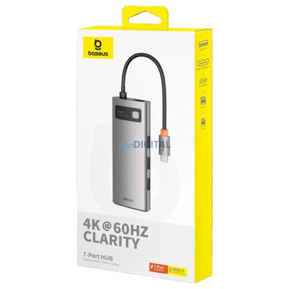 HUB 7in1 Baseus Metal Gleam sorozat USB-C-ről USB-C PD / 3x USB-A / HDMI / SD TF - szürke