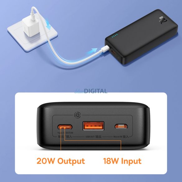 Baseus Airpow powerbank 1xUSB-A és 1xUSB-C csatlakozással + USB-A - Type-C kábellel 50 cm 20000mAh 20W 3A PD - fekete