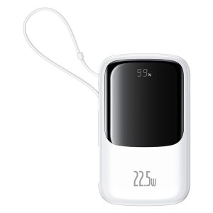 Baseus Qpow Pro+ powerbank 1xUSB-A és 1xUSB-C csatlakozással beépített Type-C kábellel 10000mAh 22.5W 2.4A PD QC - fehér