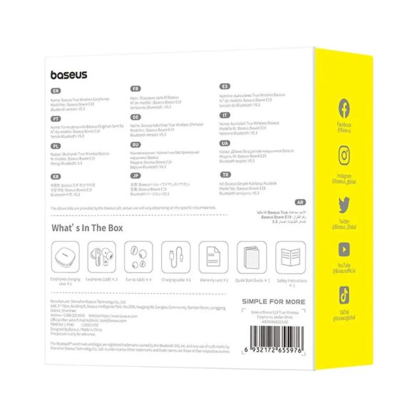 Baseus E19 TWS Bluetooth vezeték nélküli fülhallgató - fehér