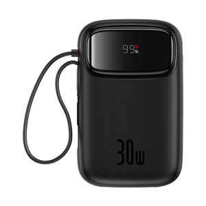 Baseus QPow 2 powerbank 1xUSB-A és 1xUSB-C csatlakozással beépített 2xType-C kábellel 10000mAh 30W 3A PD QC - fekete