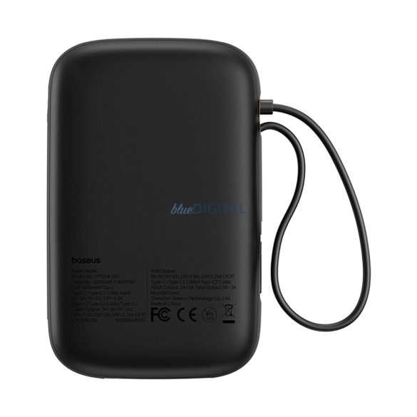 Baseus QPow 2 powerbank 1xUSB-A és 1xUSB-C csatlakozással beépített 2xType-C kábellel 10000mAh 30W 3A PD QC - fekete