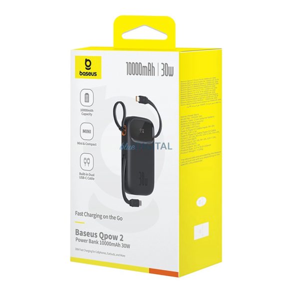 Baseus QPow 2 powerbank 1xUSB-A és 1xUSB-C csatlakozással beépített 2xType-C kábellel 10000mAh 30W 3A PD QC - fekete