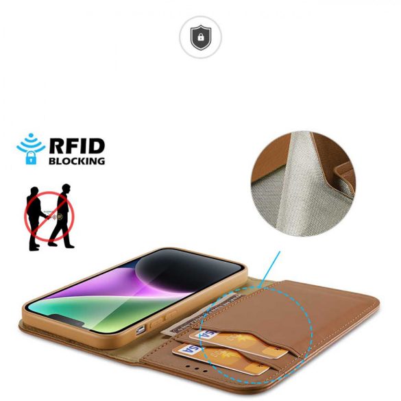 Dux Ducis Hivo iPhone 15 Plus tok pénztárcával RFID blokkolással - barna