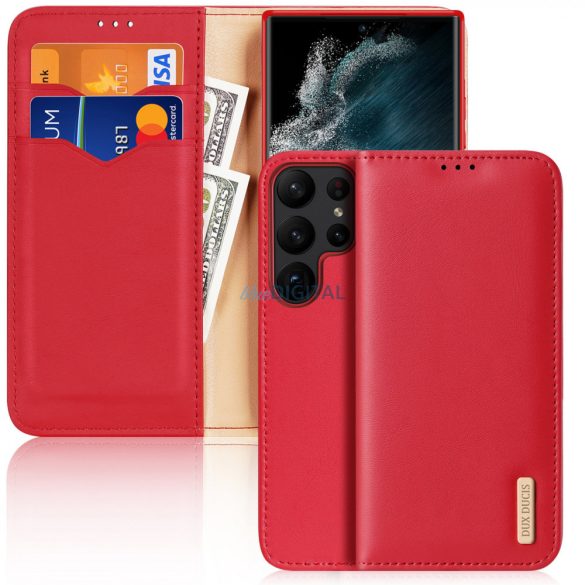 Dux Ducis Hivo tok Samsung Galaxy S23 Ultra tok flip pénztárca állvány RFID blokkoló piros