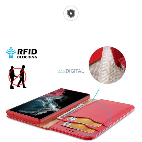 Dux Ducis Hivo tok Samsung Galaxy S23 Ultra tok flip pénztárca állvány RFID blokkoló piros