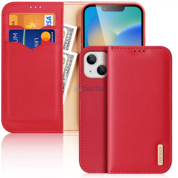 Dux Ducis Hivo bőr Flip Cover valódi bőrből készült tárca kártyákhoz és dokumentumokhoz iPhone 14 Plus piros