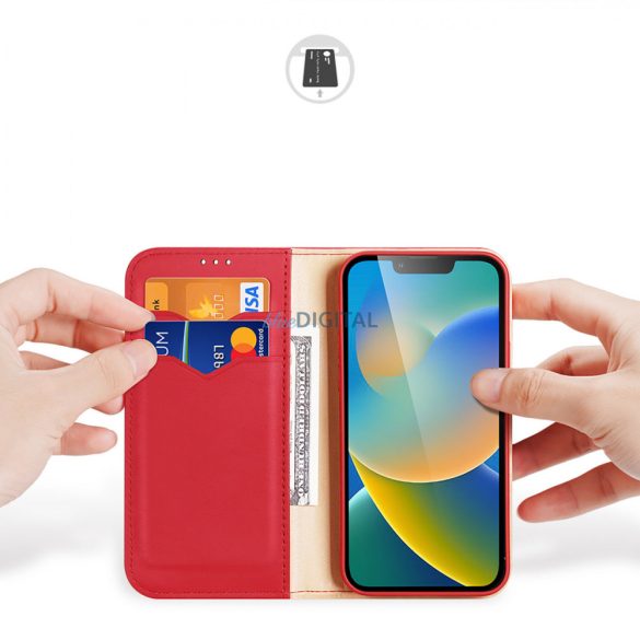 Dux Ducis Hivo bőr Flip Cover valódi bőrből készült tárca kártyákhoz és dokumentumokhoz iPhone 14 Plus piros