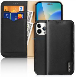 Dux Ducis Hivo bőr Flip Cover valódi bőrből készült tárca kártyákhoz és dokumentumokhoz iPhone 14 Pro Max Fekete