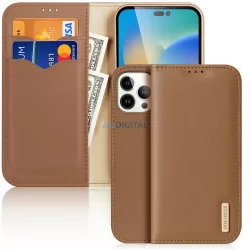   Dux Ducis Hivo bőr Flip Cover valódi bőrből készült tárca kártyákhoz és dokumentumokhoz iPhone 14 Pro Max barna