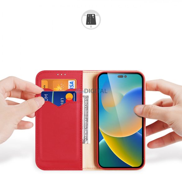 Dux Ducis Hivo bőr Flip Cover valódi bőrből készült tárca kártyákhoz és dokumentumokhoz iPhone 14 Pro Max Piros