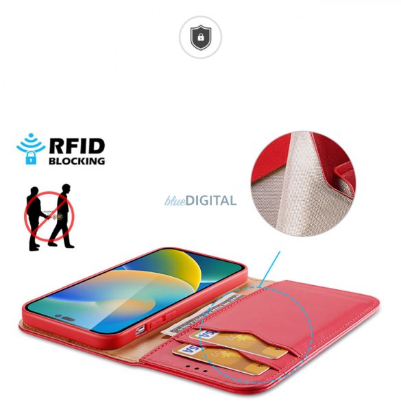 Dux Ducis Hivo bőr Flip Cover valódi bőrből készült tárca kártyákhoz és dokumentumokhoz iPhone 14 Pro Max Piros