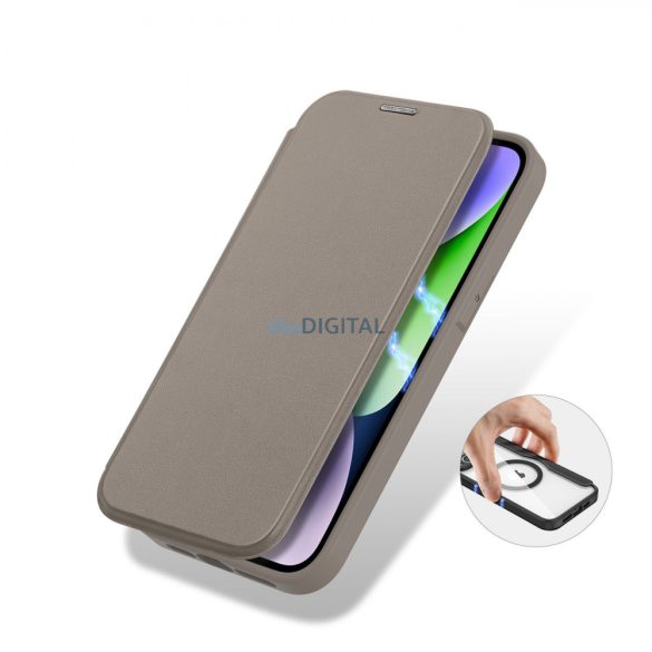 Dux Ducis Skin X Pro tok iPhone 14 Plus MagSafe mágneses flip tok bézs színben