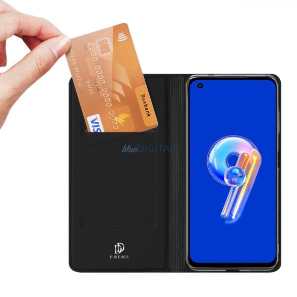 Dux Ducis Skin Pro tok Asus Zenfone 9 flip cover kártya pénztárca állvány fekete