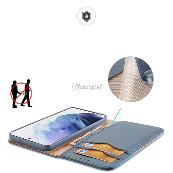 Dux Ducis HIVO Bőr Flip telefontok valódi bőr pénztárca kártyákhoz és dokumentumokhoz Samsung Galaxy S22 + (S22 Plus) kék