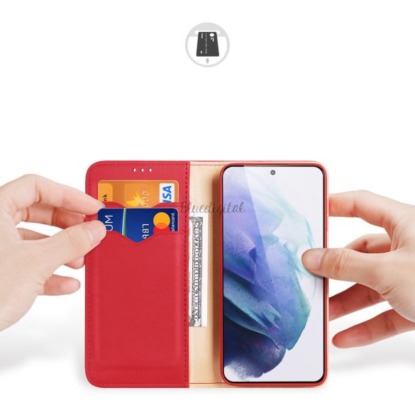 Dux Ducis HIVO Bőr Flip telefontok valódi bőr pénztárca kártyákhoz és dokumentumokhoz Samsung Galaxy S22 + (S22 Plus) Piros