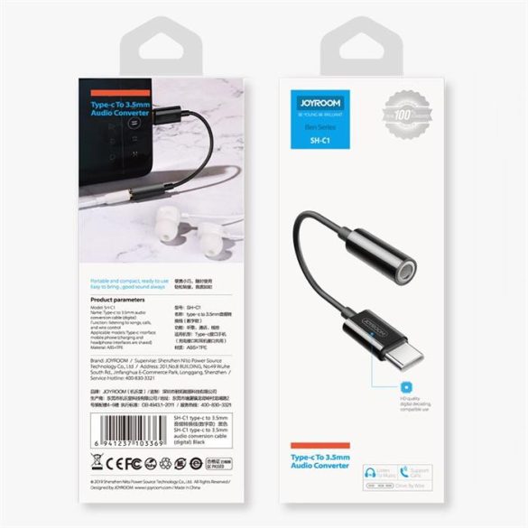 Joyroom 3,5 mm-es mini jack a Type-c USB fejhallgató adapter Fekete (SH-C1)