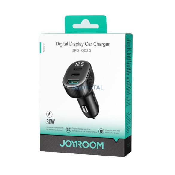 Joyroom JR-CCD04 30W 2x USB-C USB-A autós töltő és kijelző - fekete