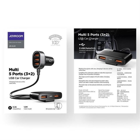 Joyroom JR-CL03 Multi 5 Portok USB autós töltő fekete