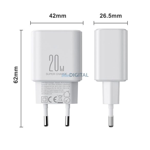 EU Joyroom JR-TCF05 20W USB-A USB-C töltő + USB-C kábel - fehér