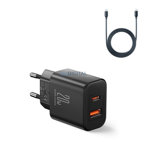 Joyroom JR-TCF05 hálózati töltő 1xUSB-A és 1xUSB-C csatlakozással és Type-C - Type- C kábellel 20W 3A - fekete