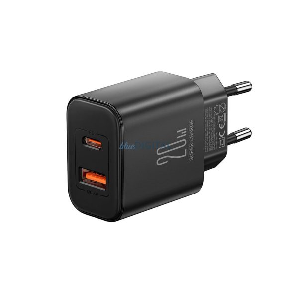 Joyroom JR-TCF05 hálózati töltő 1xUSB-A és 1xUSB-C csatlakozással és Type-C - Type- C kábellel 20W 3A - fekete