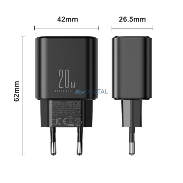 Joyroom JR-TCF05 hálózati töltő 1xUSB-A és 1xUSB-C csatlakozással és Type-C - Type- C kábellel 20W 3A - fekete