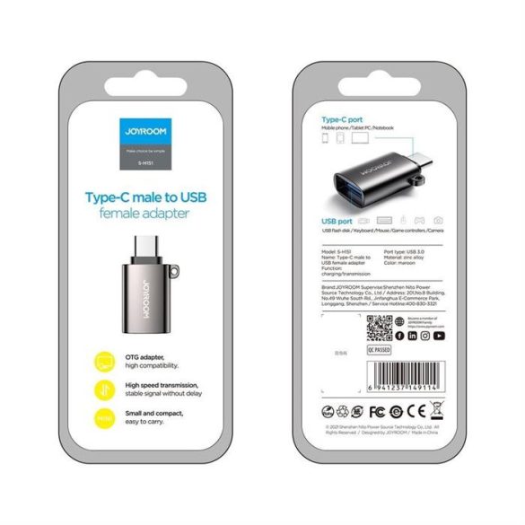 Joyroom USB 3.2 GEN 1 (apa) - USB type-c (anyai) adapter fekete (S-H151 fekete)
