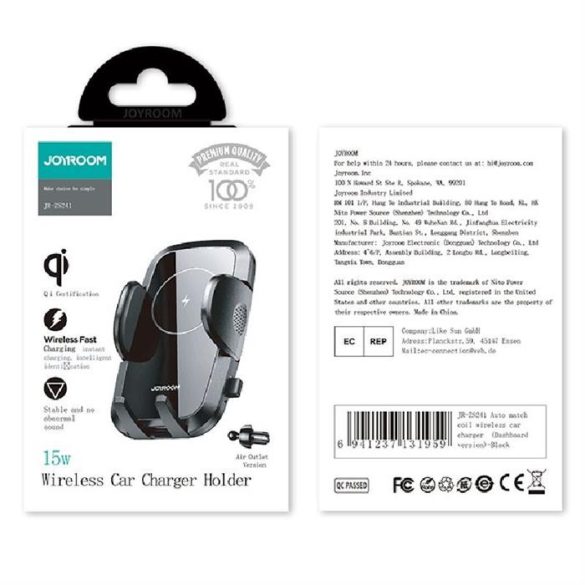 Joyroom vezeték nélküli töltő Autós tartó Phone Bracket Autós légbeömlőre rögzíthető Qi töltő 15 W fekete (JR-ZS241)