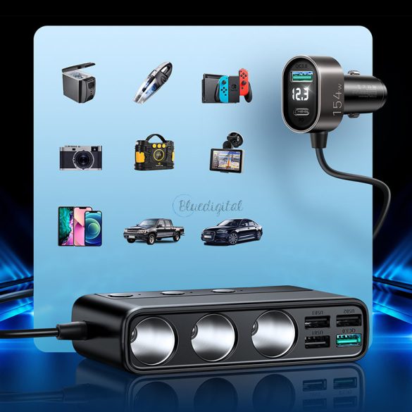 Joyroom 9in1 laptoptáska autós töltő 154W - 5x USB / 1x USB Type C / 3x szivargyújtóból Power Delivery / gyorstöltés / PPS / AFC / FCP fekete (JR-CL06)