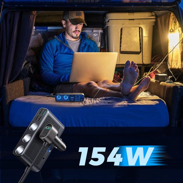 Joyroom 9in1 laptoptáska autós töltő 154W - 5x USB / 1x USB Type C / 3x szivargyújtóból Power Delivery / gyorstöltés / PPS / AFC / FCP fekete (JR-CL06)