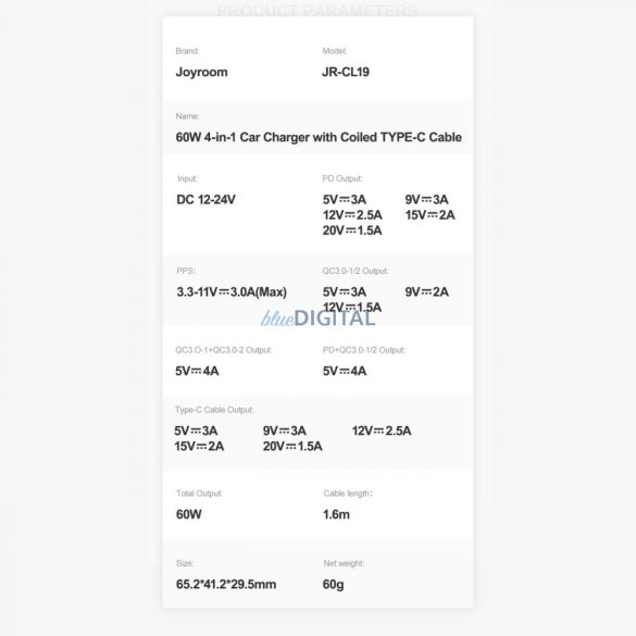 Joyroom 4 az 1-ben gyors autós töltő PD, QC3.0, AFC, FCP USB Type-c kábellel 1.6m 60W fekete (JR-CL19)