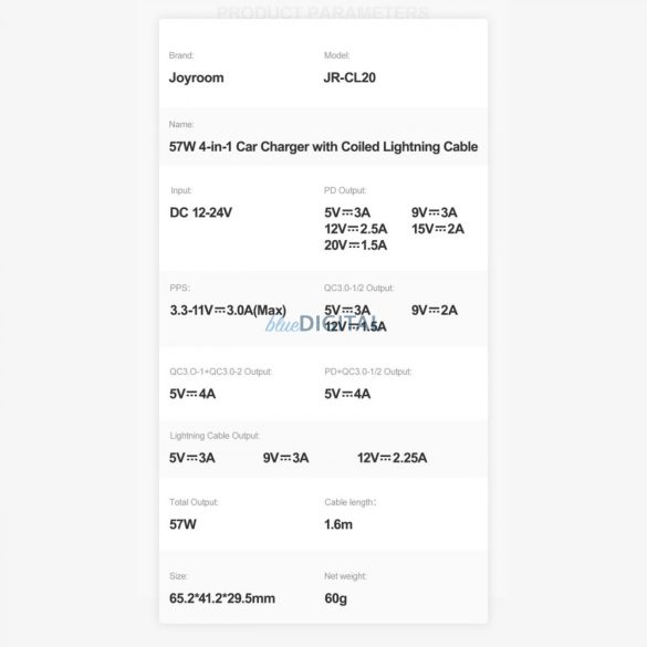 Joyroom 4 az 1-ben gyors autós töltő PD, QC3.0, AFC, FCP 1.6m 57W Lightning kábellel Fekete (JR-CL20)