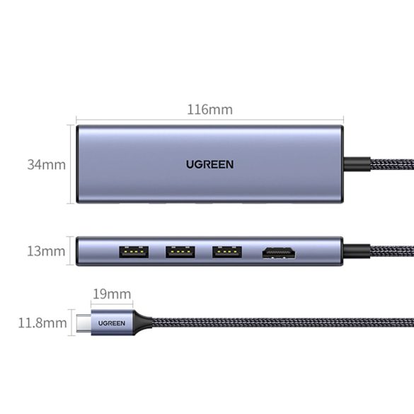 Ugreen CM511 6 az 1-ben dokkoló USB-C - HDMI / 3x USB-A 3.0 / SD/TF kártyaolvasó - szürke