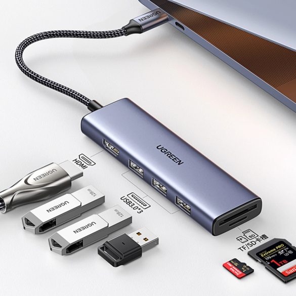 Ugreen CM511 6 az 1-ben dokkoló USB-C - HDMI / 3x USB-A 3.0 / SD/TF kártyaolvasó - szürke