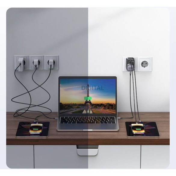 Fali töltő 30W (2xUSB/USB C/AC) / UK - EU adapter 13A Ugreen CD314 - fekete