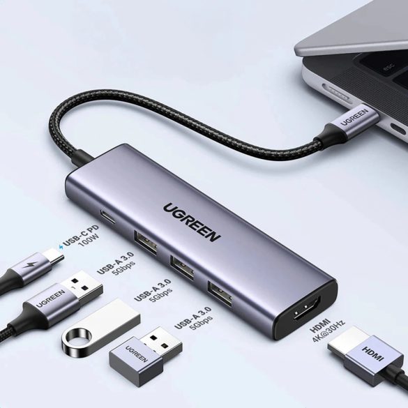 Ugreen CM511 5 az 1-ben dokkoló USB-C - USB-C PD / HDMI / 3x USB-A 3.0 - szürke