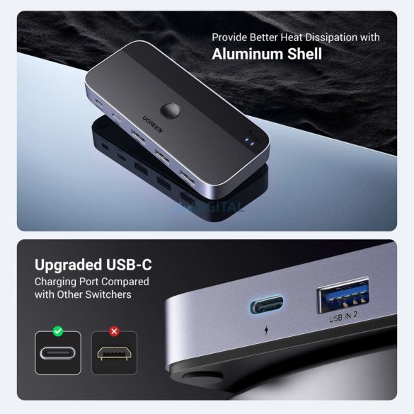 Ugreen CM662 USB 3.0 switch távirányítóval és 2 db USB-A kábellel - fekete