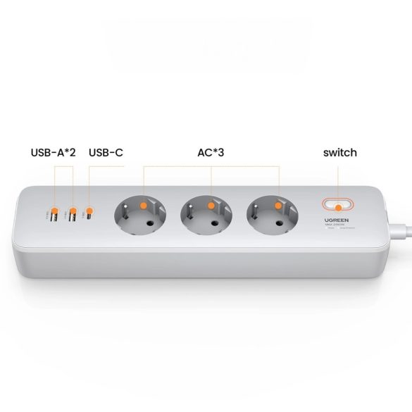 Ugreen CD286 hosszabbító kábel 3x AC 2x USB-A 1x USB-C 30W kapcsolóval - fehér