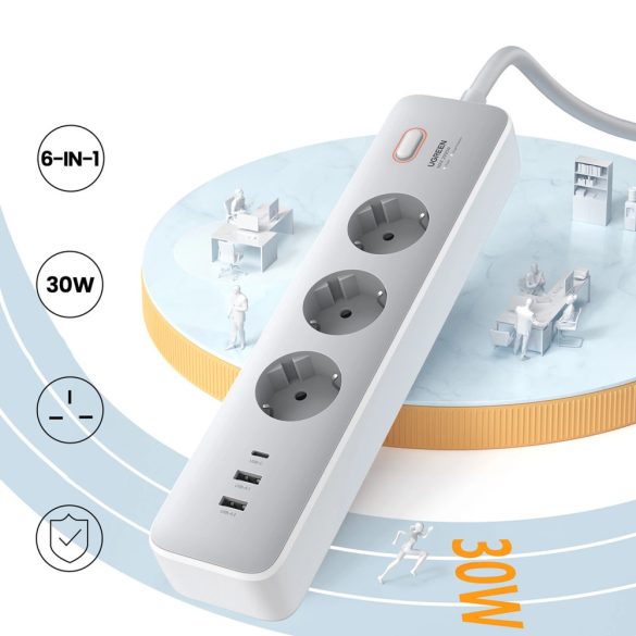 Ugreen CD286 hosszabbító kábel 3x AC 2x USB-A 1x USB-C 30W kapcsolóval - fehér